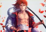  1boy changye fate/extra fate/grand_order fate_(series) fur_coat hand_on_hip holding holding_polearm holding_weapon leaf li_shuwen_(fate) long_hair male_focus manboobs open_clothes open_shirt pectoral_focus pectorals petals polearm ponytail red_eyes redhead sarashi solo weapon 