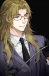  1boy bespectacled blonde_hair blue_eyes brown_hair changye chiron_(fate) fate/apocrypha fate/grand_order fate_(series) formal glasses gloves long_hair male_focus riding_crop sidelocks smile solo suit 