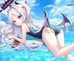 1girl absurdres ass bare_shoulders bird black_wings blue_archive blue_sky blush closed_mouth clouds commentary_request day demon_tail detached_wings halo head_wings highres hina_(blue_archive) innertube long_hair looking_at_viewer looking_back low_wings mini_wings ocean one-piece_swimsuit outdoors school_swimsuit seagull sky solo swimsuit tail violet_eyes water wings zeroillya 