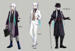  3boys alternate_costume aqua_hair asclepius_(fate) cane capelet changye fate/grand_order fate_(series) formal glasses gloves green_eyes hair_between_eyes hat id_card long_coat long_hair male_focus multicolored_hair multiple_boys necktie sidelocks stole streaked_hair suit top_hat white_hair white_suit 