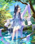  1girl absurdres bangs black_hair blue_eyes blue_ribbon branch chinese_clothes closed_mouth commentary double_bun feet_out_of_frame fingernails forest hagoromo hair_ornament hairpin hanfu highres holding kotosuzu long_hair long_sleeves looking_at_animal nail_polish nature original outdoors parted_bangs petting purple_nails rabbit ribbon shawl sitting smile solo tree very_long_hair water wide_sleeves 