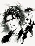  1boy changye chinese_clothes eyeshadow fate/extra fate/grand_order fate_(series) faux_traditional_media fighting_stance li_shuwen_(fate) long_hair makeup male_focus monochrome ponytail red_eyeshadow solo spot_color 