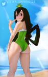  1girl animal_on_head artist_name ass asui_tsuyu atric18 beach black_eyes blue_sky boku_no_hero_academia closed_mouth clouds commentary day frog frog_girl from_behind green_hair green_swimsuit hair_between_eyes hair_rings hand_on_own_thigh hand_up highres index_finger_raised long_hair looking_at_viewer looking_back low-tied_long_hair mixed-language_commentary on_head outdoors sand sky solo standing swimsuit thighs tongue tongue_out twitter_logo twitter_username water web_address wet 