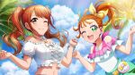  2girls :d bare_arms bare_legs bow brown_hair d4dj full_body green_eyes green_shorts hair_bow highres jewelry looking_at_viewer nakatani_yukiko natsuumi_manatsu official_art open_mouth precure ring sandals seto_rika shirt short_hair shorts side_ponytail simple_background smile standing tropical-rouge!_precure white_shirt yellow_bow 
