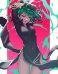  1girl arms_up ass_visible_through_thighs breasts dress green_eyes green_hair highres long_sleeves looking_at_viewer navel one-punch_man pink_background pomelomelon short_hair small_breasts smile solo tatsumaki thighs upper_body 