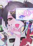  1girl :p absurdres ame-chan_(needy_girl_overdose) black_hair black_nails blonde_hair blue_eyes bow cellphone drugs dual_persona grey_eyes hair_bow hair_ornament hair_over_one_eye hairclip highres nail_polish needy_girl_overdose omgkawaiiangel-chan phone solo sweat tendosora tongue tongue_out twintails upper_body window_(computing) 
