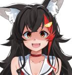  1girl :d animal_ear_fluff animal_ears bangs bare_shoulders black_hair blush brown_eyes choker commentary_request daichi_(daichi_catcat) eyebrows_visible_through_hair hair_ornament hairclip highres hololive looking_at_viewer multicolored_hair ookami_mio portrait red_choker redhead sailor_collar simple_background smile solo streaked_hair virtual_youtuber white_background white_sailor_collar wolf_ears 
