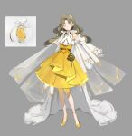  1girl cape chyoel closed_mouth detached_sleeves dress grey_background grey_hair high_heels highres long_sleeves looking_at_viewer original shoes simple_background solo white_cape yellow_dress yellow_eyes yellow_footwear 