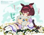  2girls animal_ears artist_name blue_eyes brown_hair chibi chinese_text closed_eyes closed_mouth collared_shirt commentary dress english_text eyebrows_visible_through_hair field flower flower_field frilled_dress frills green_hair hair_between_eyes hair_flower hair_ornament head_on_head head_rest headband highres horse_ears horse_girl horse_tail lap_pillow looking_at_viewer lying multiple_girls nishino_flower_(umamusume) on_back own_hands_clasped own_hands_together purple_dress red_headband school_uniform seiun_sky_(umamusume) seiza shirt short_sleeves sitting smile sugomori_tsuru_(artist) tail thigh-highs tracen_school_uniform umamusume white_legwear x_hair_ornament 