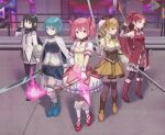  5girls absurdres akemi_homura ankle_ribbon ankle_strap arm_warmers armpits arrow_(projectile) bangs beige_shirt black_bow black_hair black_shirt blonde_hair blue_eyes blue_footwear blue_hair blue_shirt blue_skirt bolo_tie boots bow bow_(weapon) breast_cutout breasts brown_corset brown_footwear brown_gloves brown_headwear brown_legwear building cape choker closed_mouth collarbone concrete corset detached_sleeves dress dress_bow drill_hair dual_wielding expressionless eyebrows_visible_through_hair fingerless_gloves fire flower frilled_dress frilled_gloves frilled_legwear frilled_shirt frilled_skirt frilled_sleeves frills full_body gloves gun hair_between_eyes hair_bow hair_flower hair_ornament hairband hairclip hand_in_hair hand_up hat high_collar high_heel_boots high_heels highres holding holding_arrow holding_bow_(weapon) holding_gun holding_polearm holding_sword holding_weapon jewelry kaname_madoka lance light_blush light_frown light_smile long_hair long_sleeves looking_at_viewer looking_to_the_side magical_girl mahou_shoujo_madoka_magica medium_breasts medium_hair miki_sayaka miniskirt multicolored_clothes multicolored_dress multicolored_footwear multicolored_shirt multiple_girls musical_note_hair_ornament musket necktie night parted_bangs parted_lips pink_bow pink_dress pink_eyes pink_fire pink_hair pink_skirt pleated_skirt polearm ponytail puffy_dress puffy_short_sleeves puffy_sleeves purple_hairband purple_legwear purple_necktie purple_shirt purple_skirt railing red_choker red_dress red_eyes red_footwear redhead ribbon rooftop sakura_kyouko shield shirt short_dress short_hair short_sleeves sidelocks simple_background skirt sleeveless sleeveless_dress small_breasts socks soul_gem straight_hair striped striped_legwear swept_bangs sword thigh-highs thigh_boots tomoe_mami trigger_discipline twintails v-shaped_eyebrows very_long_hair violet_eyes weapon white_background white_cape white_dress white_gloves white_legwear white_shirt white_trim yellow_dress yellow_eyes yellow_footwear yellow_necktie yellow_skirt yy_seven zettai_ryouiki 