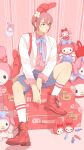  1boy ace_of_diamond animal_ears backpack bag bangs blue_shorts boots brown_eyes fake_animal_ears highres jacket kominato_haruichi male_focus my_melody onegai_my_melody open_clothes open_jacket parted_lips pink_hair pink_shirt shirt short_hair shorts sitting socks solo stuffed_toy twoframe white_jacket 