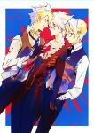  3boys ascot blonde_hair blue_eyes boy_sandwich changye chest_jewel dual_persona fate/apocrypha fate/grand_order fate/prototype fate/prototype:_fragments_of_blue_and_silver fate_(series) fur_collar glasses gloves half_gloves jekyll_and_hyde_(fate) karna_(fate) messy_hair multiple_boys red_eyes sandwiched vest waistcoat white_hair 