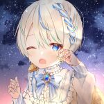  1boy blue_eyes blue_hair blush bow doll doll_joints dougetsu_rione highres indie_virtual_youtuber joints kotamun male_focus multicolored_hair one_eye_closed pale_skin ribbon sky solo star_(sky) starry_sky tired virtual_youtuber white_hair 