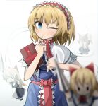  1girl alice_margatroid bangs blonde_hair blue_dress blue_eyes blurry book capelet closed_mouth cowboy_shot depth_of_field doll doll_joints dress eyebrows_visible_through_hair hairband highres holding holding_sword holding_weapon joints lolita_hairband looking_at_viewer one_eye_closed red_hairband red_ribbon ribbon shanghai_doll short_hair simple_background solo spam_(spamham4506) standing sword touhou weapon white_background white_capelet 