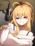  1girl absurdres ahoge bangs blonde_hair blurry character_request eyebrows_visible_through_hair eyes_visible_through_hair hair_between_eyes hand_up hat highres long_hair microphone off-shoulder_sweater off_shoulder original red_eyes sbgu sleeves_past_wrists solo sweater upper_body virtual_youtuber 