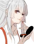  1girl brown_eyes close-up closed_mouth collared_shirt commentary face fujiwara_no_mokou grey_hair hair_between_eyes highres long_hair looking_at_viewer makeup nanasuou shirt simple_background sketch solo suspenders touhou white_background white_shirt 