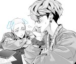  2boys akarui_0 blush buzz_cut closed_mouth earrings glasses greyscale head_rest highres jacket jewelry long_sleeves looking_at_another male_focus mitsuya_takashi monochrome multiple_boys notebook paper pin profile scar scar_on_face scrunchie shiba_hakkai short_hair simple_background single_earring sweatdrop tape_measure tokyo_revengers undercut upper_body very_short_hair 