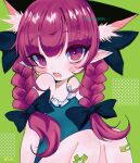  1girl absurdres animal_ear_fluff animal_ears bandaid bandaid_on_knee bare_shoulders black_bow blush bow braid cat_ears character_name dotted_background dress extra_ears fang green_background green_dress highres kaenbyou_rin long_hair open_mouth pointy_ears red_eyes redhead renakobonb signature simple_background slit_pupils solo touhou twin_braids 