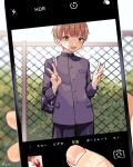  2boys brown_hair bush child commentary_request faceless faceless_male fence highres hiiragi_hizasi looking_at_viewer male_focus multiple_boys original outdoors school_uniform solo_focus v viewfinder 