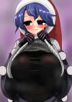  1girl absurdres black_gloves blue_eyes blue_hair blush breasts doremy_sweet gloves hat highres ise_corridor large_breasts nightcap red_headwear short_hair solo sweater touhou 