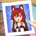  1girl animal_ears brooch brown_hair dress fang holding holding_photo imaizumi_kagerou jewelry long_hair photo_(object) pointing red_eyes shop smile solo touhou white_dress wolf_ears wool_(miwol) 