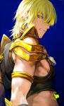  1boy armlet armor bare_shoulders blonde_hair changye crop_top earrings fate/grand_order fate_(series) green_eyes jason_(fate) jewelry male_focus midriff pectorals short_hair shoulder_armor sidepec solo 