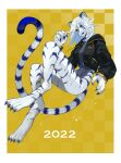  1girl 2022 absurdres animal_ears border chinese_zodiac claws colored_skin cropped_jacket digitigrade fang full_body happy_new_year highres looking_at_viewer monster_girl new_year original ruteko_(ruko220) skin_fang solo tail tiger_ears tiger_girl tiger_stripes tiger_tail white_border white_hair white_skin year_of_the_tiger yellow_background 
