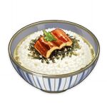  artist_request bowl commentary english_commentary fish_(food) food food_focus garnish genshin_impact leaf lowres no_humans official_art rice seaweed sesame_seeds still_life third-party_source transparent_background 