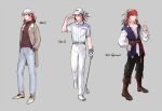  3boys alternate_costume bandana baseball_cap boots changye fate/grand_order fate_(series) full_body golf_club hat male_focus multicolored_hair multiple_boys multiple_persona odysseus_(fate) pirate redhead standing streaked_hair sweater vest white_hair yellow_eyes 