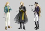  3boys alternate_costume book boots brown_hair cassock changye character_sheet chiron_(fate) equestrian fate/grand_order fate_(series) full_body gloves helmet jockey long_hair male_focus multiple_boys multiple_persona necktie reading riding_crop sidelocks standing stoe suspenders white_gloves 