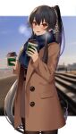  1girl alternate_costume black_hair black_legwear blue_scarf blush brown_coat buttons coat coffee_cup cowboy_shot cup disposable_cup eyebrows_visible_through_hair fringe_trim hair_between_eyes holding holding_cup ichinomiya_(blantte) kantai_collection long_hair long_sleeves open_clothes open_coat open_mouth orange_eyes pantyhose ponytail scarf smile solo yahagi_(kancolle) 