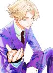  1boy black_necktie blonde_hair burn_scar closed_mouth collared_shirt cowboy_shot dress_shirt formal green_eyes hand_up highres inui_seishu jacket knee_up long_sleeves looking_at_viewer male_focus necktie pants purple_jacket purple_pants purple_suit scar shirt short_hair simple_background sitting sleeves_past_wrists solo tokyo_revengers tsu_hanpen white_background white_shirt 