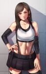  1girl bangs bare_shoulders blush breasts brown_hair collarbone compression_sleeve contrapposto cowboy_shot crop_top earrings final_fantasy final_fantasy_vii final_fantasy_vii_remake fingernails glint hair_behind_ear hand_on_hip highres jewelry legs_apart long_hair looking_at_viewer midriff miniskirt navel parted_bangs pleated_skirt red_eyes shirt skirt smile solo sunlight suspender_skirt suspenders tank_top taut_clothes taut_shirt thigh-highs tifa_lockhart tile_wall tiles toin_(koto54576897) wall white_tank_top zettai_ryouiki 