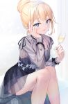  1girl adjusting_hair black_dress blonde_hair blue_eyes blush cup dress drinking_glass glass head_tilt highres hololive hololive_english kyaroru looking_at_viewer medium_hair official_alternate_costume sitting solo thighs tiara virtual_youtuber watson_amelia wine_glass 