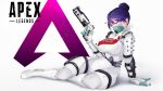  1girl absurdres apex_legends blue_eyes bodysuit bow breasts chinese_commentary copyright_name covered_nipples energy_gun gun hair_behind_ear hair_bow handgun head_tilt highres holding holding_gun holding_weapon large_breasts logo official_alternate_costume purple_hair quarantine_722_wraith redlove sa-3_mozambique shotgun sitting solo thigh_strap weapon white_background white_bodysuit wide_hips wraith_(apex_legends) 
