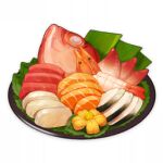  artist_request commentary english_commentary fish fish_(food) food food_focus genshin_impact leaf lowres no_humans official_art plate sashimi shrimp still_life third-party_source transparent_background 