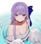  1girl bangs bare_shoulders bebe_pp blue_eyes blue_ribbon blush breasts choker closed_mouth collarbone fate/grand_order fate_(series) frills hair_ribbon highres long_hair long_sleeves looking_to_the_side meltryllis_(fate) meltryllis_(swimsuit_lancer)_(fate) off-shoulder_one-piece_swimsuit off_shoulder one-piece_swimsuit puffy_sleeves purple_hair ribbon sleeves_past_fingers sleeves_past_wrists small_breasts solo swimsuit very_long_hair water wet 