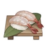  artist_request commentary cutting_board english_commentary food food_focus genshin_impact leaf lowres muted_color no_humans official_art rice shrimp still_life sushi third-party_source transparent_background 
