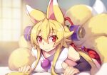  1girl animal_ears blonde_hair breasts closed_mouth eyebrows_visible_through_hair fox_ears fox_girl fox_tail hair_between_eyes izuna_(shinrabanshou) large_breasts looking_at_viewer lying multiple_tails on_stomach red_eyes saru_000 shinrabanshou smile solo tail thick_eyebrows 