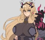  1girl armor blonde_hair blue_eyes breasts fairy_knight_gawain_(fate) fate/grand_order fate_(series) grey_background hair_ornament hairclip large_breasts long_hair looking_at_viewer multicolored_eyes nm222 red_eyes simple_background sleeveless solo upper_body very_long_hair 