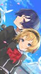  1boy 1girl aegis_(persona) android ascot back-to-back black_shirt blonde_hair blue_eyes blue_hair blue_sky bow bowtie closed_mouth commentary day eyebrows_visible_through_hair floating_hair gekkoukan_high_school_uniform hair_between_eyes hairband headphones height_difference highres kamo860 looking_at_another looking_at_viewer outdoors persona persona_3 petals red_ascot red_bow robot robot_ears school_uniform shirt short_hair sky smile uniform upper_body wind_turbine yuuki_makoto 