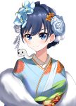  &gt;_&lt; 1girl :3 :d absurdres blue_eyes blue_flower blue_hair blue_rose boros_(ouro_kronii) bow breasts commentary eyebrows_visible_through_hair eyelashes floral_print flower fur_trim hair_between_eyes hair_bow hair_flower hair_ornament highres hololive hololive_english japanese_clothes kimono momojotaro92 official_alternate_costume on_shoulder ouro_kronii rope rose shadow short_hair sidelocks simple_background smile solo split_mouth upper_body virtual_youtuber white_background 