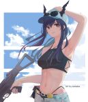  1girl absurdres arknights arm_up armpits artist_name bangs bare_arms bare_shoulders baseball_cap bikini black_bikini blue_sky breasts ch&#039;en_(arknights) closed_mouth cowboy_shot day eyebrows_visible_through_hair female_tourist_c_(arknights) gun hand_on_headwear hat highres holding holding_gun holding_weapon lexielex long_hair looking_at_viewer medium_breasts navel open_clothes open_fly open_shorts outdoors ponytail purple_hair red_eyes shorts sidelocks sky solo stomach swimsuit trigger_discipline v-shaped_eyebrows weapon white_headwear white_shorts 