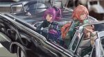  1boy 2girls absurdres bangs bell_sleeves blue_eyes blunt_bangs blurry blurry_background car carcano_m1891_(girls&#039;_frontline) carcano_m91/38_(girls&#039;_frontline) convertible cosplay eyebrows_visible_through_hair girls_frontline gloves ground_vehicle highres historical_event john_f._kennedy john_f._kennedy_(cosplay) long_hair looking_to_the_side military military_uniform motor_vehicle multiple_girls photo-referenced pink_hair ponytail purple_gloves purple_hair sawkm short_hair sitting smile tied_hair uniform white_hair yegor_(girls&#039;_frontline) 