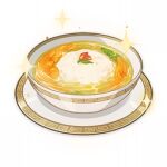  artist_request bowl chicken_(food) commentary english_commentary food food_focus garnish genshin_impact lowres no_humans official_art plate soup sparkle still_life third-party_source transparent_background 