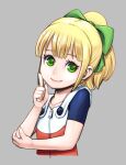  1girl blonde_hair bow closed_mouth dress green_bow green_eyes hair_bow highres index_finger_raised long_hair looking_at_viewer maruta_kentarou mega_man_(classic) mega_man_(series) ponytail roll_(mega_man) simple_background smile solo 