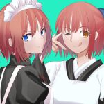  2girls :q apron aqua_background bangs black_dress black_kimono blue_bow blue_eyes bow closed_mouth commentary_request dress eyebrows_visible_through_hair hair_between_eyes hair_bow half_updo hisui_(tsukihime) japanese_clothes juliet_sleeves kimono kohaku_(tsukihime) long_sleeves looking_at_viewer maid maid_apron maid_headdress multiple_girls one_eye_closed puffy_sleeves redhead short_hair siblings simple_background sisters smile tongue tongue_out tsukihime tsukihime_(remake) ttumupen twins upper_body v wa_maid white_apron wide_sleeves yellow_eyes 
