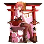  1girl 35p_(sakura_miko) absurdres ahoge black_footwear blush cat cherry_blossom_print cherry_blossoms floral_print green_eyes highres hololive natsuki_(digretking) pink_hair sakura_miko shoes sitting skirt thigh-highs torii virtual_youtuber 