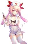  1boy animal_ears ansel_(arknights) arknights bandaged_arm bandages bandaid bandaid_on_arm bangs blush choker crossdressing garter_straps hair_ribbon hat heart heart_choker holding holding_syringe invisible_chair looking_at_viewer male_focus nurse_cap otoko_no_ko parted_lips pink_choker pink_eyes rabbit_boy rabbit_ears red_ribbon ribbon simple_background sitting solo sweat syringe thigh-highs white_background white_legwear yoruhachi 