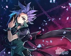  1boy ashka black_hair black_jacket black_pants blue_eyes brown_footwear choker jacket long_sleeves male_focus necktie pants spiky_hair title torn_jacket yu-gi-oh! yu-gi-oh!_arc-v yuu-gi-ou yuu-gi-ou_arc-v yuuto_(yuu-gi-ou_arc-v) 